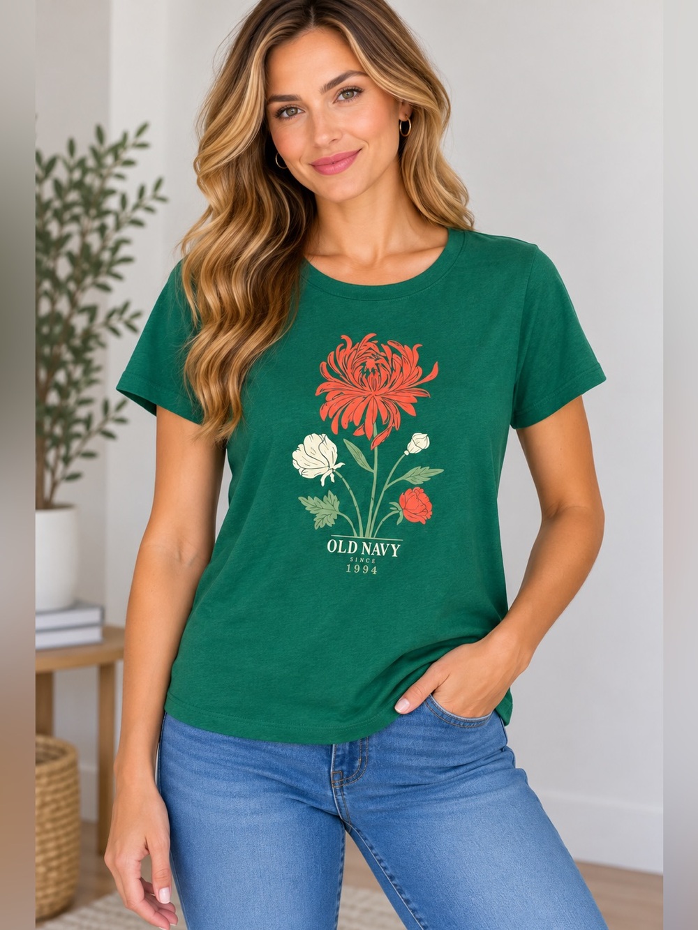 Old Navy Green Floral Graphic Tee - Women's Casual Shirt Large